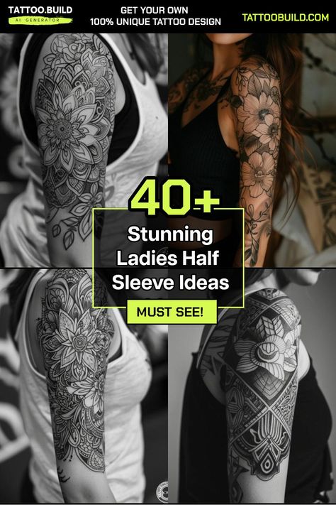 Chic Womens Half Sleeve Tattoo Ideas Tattoo Build Dark Feminine Forearm Tattoo, Black Tattoo Sleeve Women, Girly Half Sleeve Tattoos, Woman Tattoo Sleeve Ideas, Womens Half Sleeve Tattoo Ideas, Bicep Tattoo Women Sleeve, Female Sleeve Tattoo Ideas For Women, Half Sleeve Tattoos For Women Lower Arm, Womens Half Sleeve Tattoo