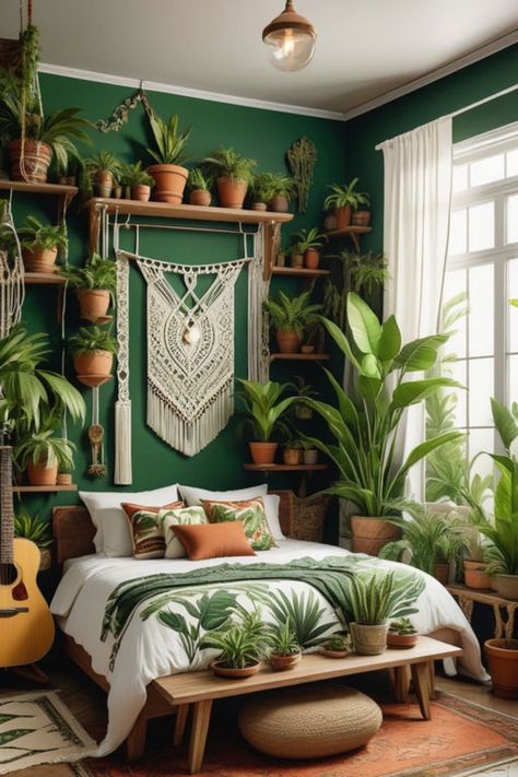 A captivating jungle-themed Boho bedroom with lush greenery, natural textures, and exotic accents. Create a tranquil haven inspired by the beauty of the jungle with our design ideas. #JungleBohoInspiration #TropicalDecor #BohemianEscape Jungle Room Aesthetic, Bedroom Interior Aesthetic, False Ceiling Design Bedroom, Bedroom Playlist, Design Small Bedroom, Bedroom French, Wild Design, Bohemian Dining Room, Bedroom Ideas Aesthetic