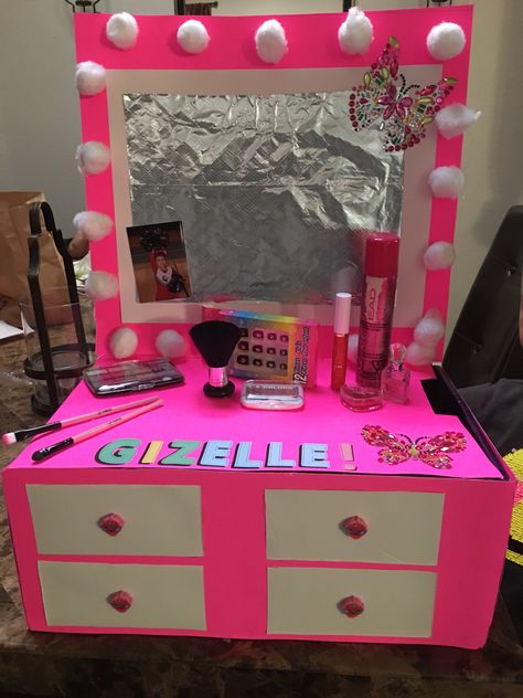 DIY valentines box for my daughters class party! Make Up Box Diy, Valentine Box Contest Ideas, Jewelry Box Valentine Box Ideas, Makeup Valentine Box Ideas, Makeup Vanity Valentine Box Ideas, Vanity Valentines Boxes, Vanity Valentine Box Ideas, Makeup Party Ideas For Girls For Kids, Valentine Box Makeup Vanity