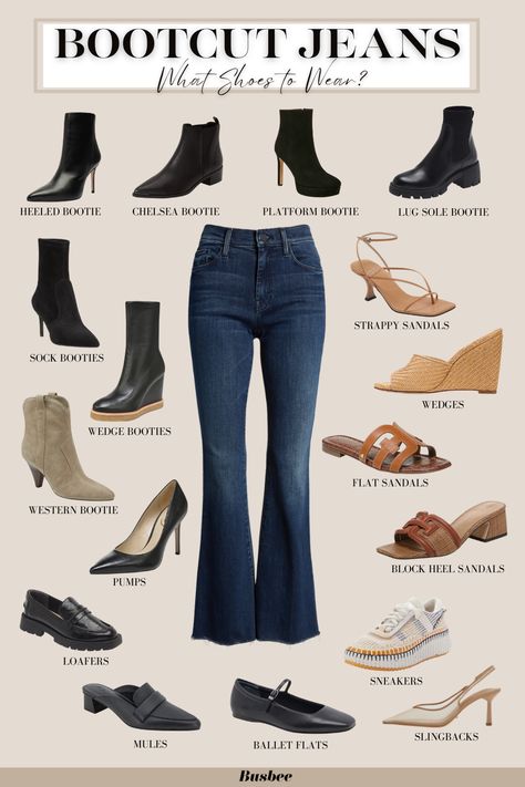 What Shoes To Wear With Bootcut Jeans – Complete (and Easy) Guide! Boot Cut Jeans For Short Women, Bootcut Jeans Style For Women, Bootcut Jeans And Sandals Outfit, Style With Bootcut Jeans, Bootcut Outfits For Women, How To Wear Bootleg Jeans, Ankle Boots With Bootcut Jeans, Dressy Bootcut Jeans Outfit, Shoes And Pants Guide