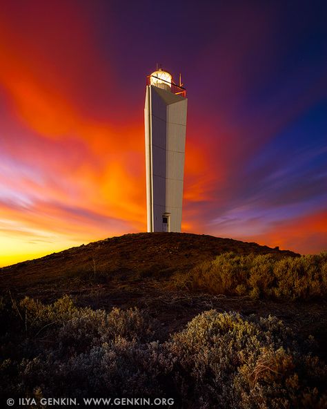 Late Sunset at Cape Jervis Lighthouse  which is a very modern lighthouse built in 1972. It is located on a headland known as Lands End and it has a design like an inverted pyramid. Cape Jervices is a very small community and is primarily the terminal for the main car and passenger ferry across to Kangaroo Island, South Australia. Modern Lighthouse Architecture, Modern Lighthouse, Lighthouse Architecture, Late Sunset, Mountain Project, Small Architecture, Yellow Clouds, Inverted Pyramid, Ferry Terminal