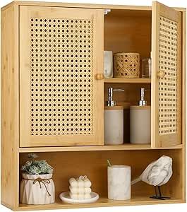 Bathroom Storage Bamboo Cabinet Wall Mount, Rattan Medicine Cabinet with Shelves and Doors, Wall Cabinet Above Toilet Storage Towel Shelves, Storage Organizer for Laundry Room Kitchen Living Room Wall Cabinet Above Toilet, Medicine Cabinet Mirror Bathroom, Cabinet Mirror Bathroom, Vanity Mirror With Storage, Towel Shelves, Storage Medicine Cabinet, Cabinet Above Toilet, Mirror Bathroom Cabinet, Above Toilet Storage