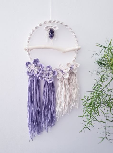 Macrame lilac flowers made of natural cotton cord Amethyst polished gemstone...more info on my IG account SignaturebyGG Macrame Flowers, Crystal Amethyst, Ig Account, Mini Plants, Lilac Flowers, Pretty And Cute, Cotton Cord, Macrame Wall, Macrame Wall Hanging