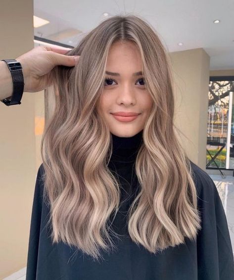 Milk Tea Hair Color Ombre, Icy Mushroom Blonde Hair, Brunette Hair With Blonde Highlights And Lowlights Caramel Balayage, Milk Beige Balayage, Beige Blonde Balayage On Black Hair, Sandy Blonde Balayage On Dark Hair, Dark Blonde Beige Hair, Cool Beige Hair, Milk Tea Blonde Balayage