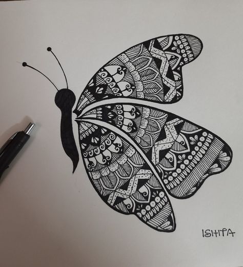 Vignette Drawing Simple, Mandala Drawing Butterfly, Stilasi Fauna, Vignette Drawing, Dairy Decoration, Saura Art, Easy Butterfly Drawing, Mandala Book, Doddle Art