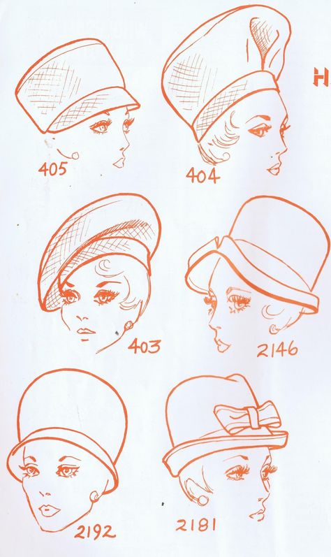 1960's hats fashion sketch Hat Design Sketch, Headgear Sketches, Hat Sketches Design, Hat Drawing Sketches, Hat Drawing Reference, Hat Sketch, Drawing Hats, Hat Drawing, 1960s Hats