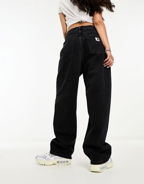 Jeans by Carhartt WIP Join the jean scene Relaxed fit High rise Belt loops Five pockets Branded patch Carhartt Women Jeans, Black Carhartt Pants Outfit, Carhartt Jeans Women, Carhartt Jeans Outfit, Carhartt Pants Outfit, Carhartt Pants Women's, Af1 Outfit, Pantalon Carhartt, Black Baggy Jeans