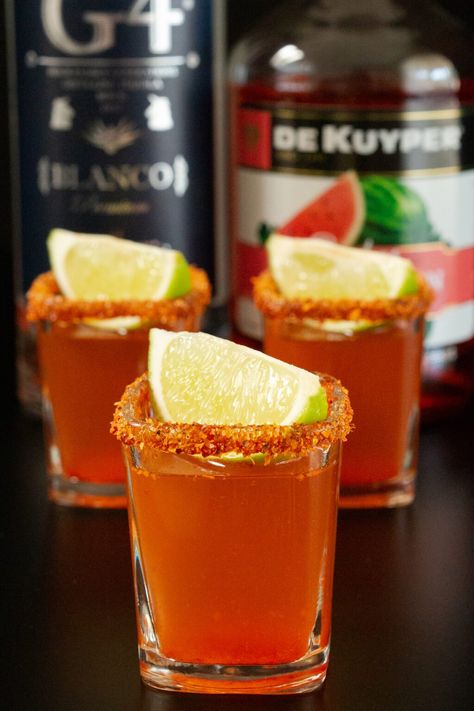 Spicy Tequila Shots, Tamarind Vodka Shots, Shots With Tequila, Mexican Candy Shots, Recipe With Watermelon, Tamarind Vodka, Mexican Lollipop, Watermelon Shots, Alcohol Punch