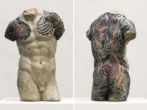 Italian Artist Gives Classical Sculptures Criminal Tattoos, Makes Them Look Totally Badass Gang Tattoos, Italian Sculpture, Foo Fighter, Estilo Cholo, Traditional Sculptures, Yakuza Tattoo, Classic Sculpture, Japanese Tattoos, Male Torso