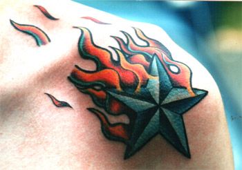 Star n fire Meteor Tattoo Design, Star On Fire Tattoo, Flame Tattoos For Men, Mens Star Tattoos, Flaming Star Tattoo, Shooting Star Tattoo Men, Nautical Star Elbow Tattoo, Nautical Stars Tattoo, Nautical Star Tattoos For Men