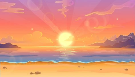 Fondos Estetic, Cartoon Sunset, Sunrise Illustration, Ocean Cartoon, Beautiful Scenery Drawing, Cloud Cartoon, Sky Gradient, Drawing Sunset, Sunset Illustration