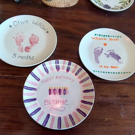 Just loving the baby plates. Such a cute memento that can be used over and over. #handmade #diy #handcrafted #artsandcrafts Happy Birthday Bonnie, Baby Plates, Birthday Plate, Hand Painted Plates, Baby Birth, Baby Birthday, Diy Baby Stuff, Baby Stuff