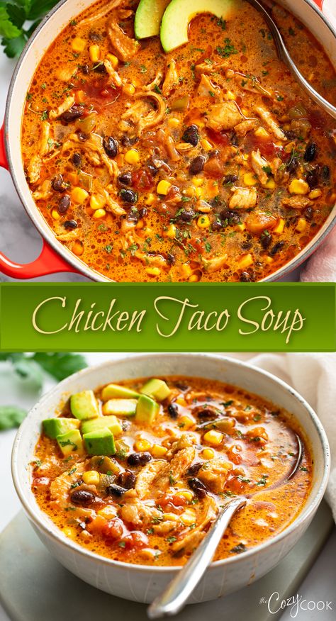 chicken taco soup with beans, shredded chicken, corn, tomatoes, and avocado. Spicy Creamy Chicken Soup, Quick Soups For Dinner Healthy, Easy Comfort Soup, Tack Soup Recipe, Mexican Chicken Chowder Soup, Mexican Chicken Taco Soup, Spicy Mexican Chicken Soup, Spicy Mexican Soup Recipes, Soup Hearty Comfort Foods