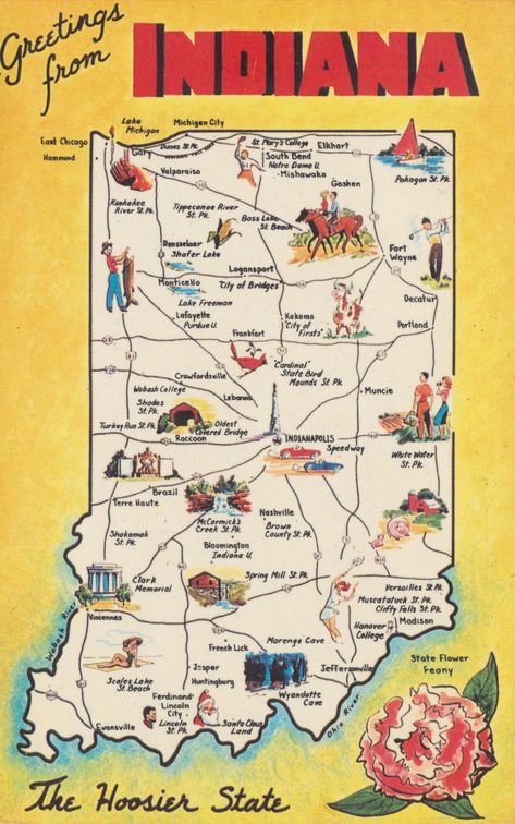 Greetings From Indiana | INDIANA Hoosier State CAPITAL: Indi… | Flickr Indiana Map, All The Bright Places, Michigan City, Indiana State, Vintage Souvenir, State Map, Vintage Magazine, Post Cards, Vintage Postcard