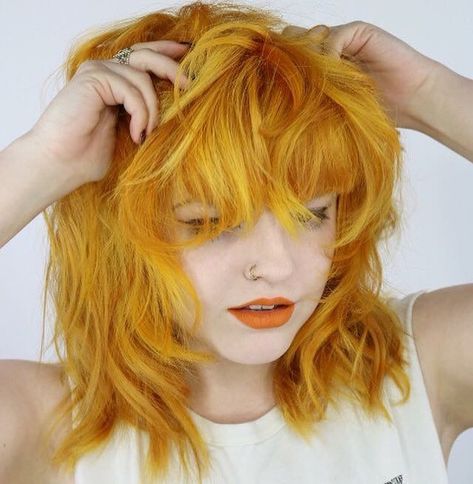 Marigold Hair, Yellow Hair Color Ideas, Cool Hairstyle Ideas, Dramatic Hair Color, Yellow Hair Dye, Orange Red Hair, Dramatic Hair Colors, Hawaii Part Ii, Growing My Hair