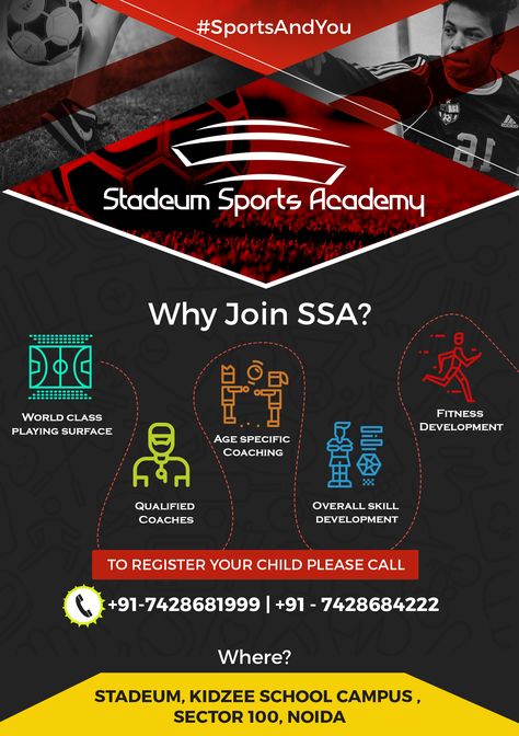 Flyer for stadeum sports academy #design #poster #flyer #graphic Sports Academy Poster, Sport Academy Design, Football Academy Poster, Graphic Brochure, Academy Design, Football Academy, Sports Academy, Sports Centre, Marketing Poster