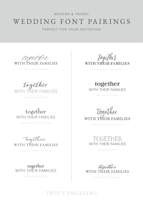 Customize the style and vibe you want to impress your guests with one of these combinations of typography. Our designs transformed by your style! Wedding Fonts Free Cricut, Font Pairing Wedding Invitation, Fonts Wedding Invitation, Wedding Invite Font Pairings, Wedding Invitation Fonts Combinations, Wedding Font Combinations Free, Best Fonts For Wedding Invitations, Wedding Signage Fonts, Wedding Card Fonts