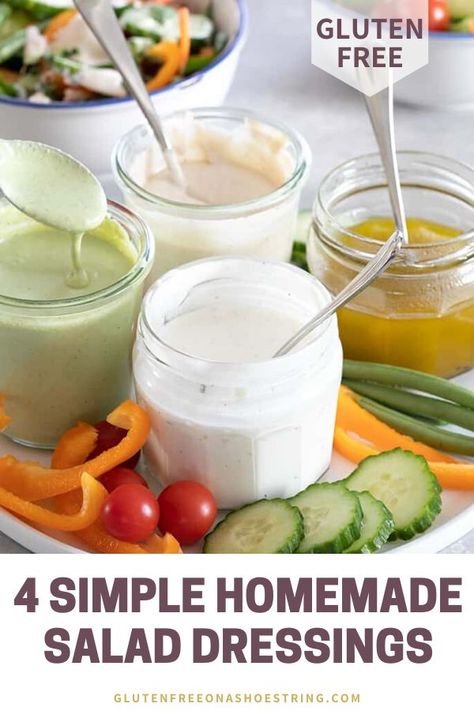 Whether you like a nice vinaigrette or something more creamy like ranch dressing, you can easily make your own at home, with just a few healthy and fresh ingredients. Homemade salad dressings are cheaper, tastier and healthier than store bought brands, and you can make them in quantities that make sense for your family. Check out these 4 easy recipes for gluten free, homemade salad dressings! #glutenfree #homemadedressings #easysaladdressings #diysaladdressings Gluten Free Salad Dressing Store Bought, Gluten Free Salad Dressing, Diy Salad Dressing, Gluten Free Dressing, Easy Homemade Salad Dressing, Homemade Salad Dressings, Easy Salad Dressing Recipes, Celiac Recipes, Homemade Foods