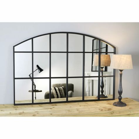 17 Stories Kaxton Window Pane Metal Mirror & Reviews | Wayfair Mirror Above Couch Living Room, Mirror Above Couch, Arched Window Mirror, Metal Framed Mirror, Couch Wall, Closet Idea, Window Pane Mirror, Wood Mirrors, Industrial Windows