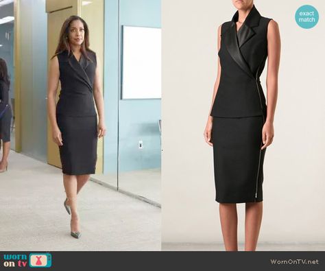 Jessica’s black wrap dress on Suits.  Outfit Details: http://wornontv.net/50946/ #Suits Suits Dresses Jessica, Suits Series Outfits Jessica, Jessica Pearson Dresses, Jessica Suits Outfits, Suits Series Outfits, Suits Jessica Pearson Outfits, Suits Show Outfits, Suits Tv Show Fashion, Donna Suits Outfits