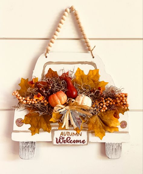 Fall Wreath With Sign, Fall Truck Decor, Fall Truck Painting, Dollar Tree Fall Crafts 2023, Dollar Tree Fall Wreath Diy, Dollar Tree Fall Crafts, Fall Festival Decorations, Truck Crafts, Fall Decor Dollar Tree