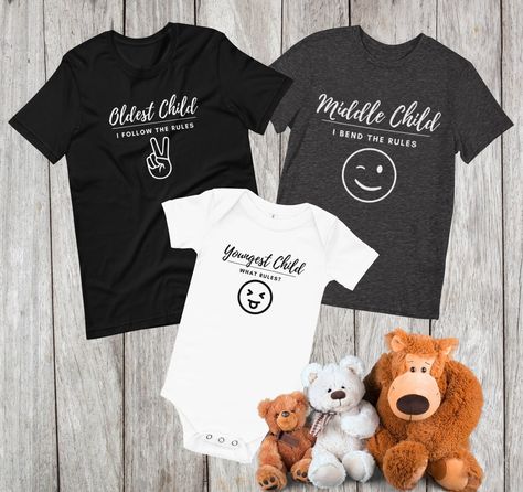 Sibling shirts for 3, Sibling shirts set of 3, funny sibling shirts, Oldest middle youngest shirts, birth order, family picture outfits Sibling Shirts For 3, Oldest Middle Youngest, Funny Sibling Shirts, Birth Order, Sibling Shirts, Family Picture Outfits, Baby Announcements, Middle Child, Family Picture