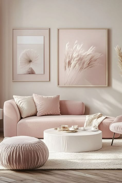 Use soft pink decor to add a gentle, feminine touch to any room. #SoftPinkDecor #SubtleStyle #ElegantSpaces Pink Boho Chic Living Room, Light Pink And Beige Aesthetic, Pink And Beige Living Room Ideas, Pink Boho Room Aesthetic, Beige Pink Room, Beige And Pink Living Room, Pink Aesthetic Living Room, Blush Living Room, Dusty Pink Bedroom