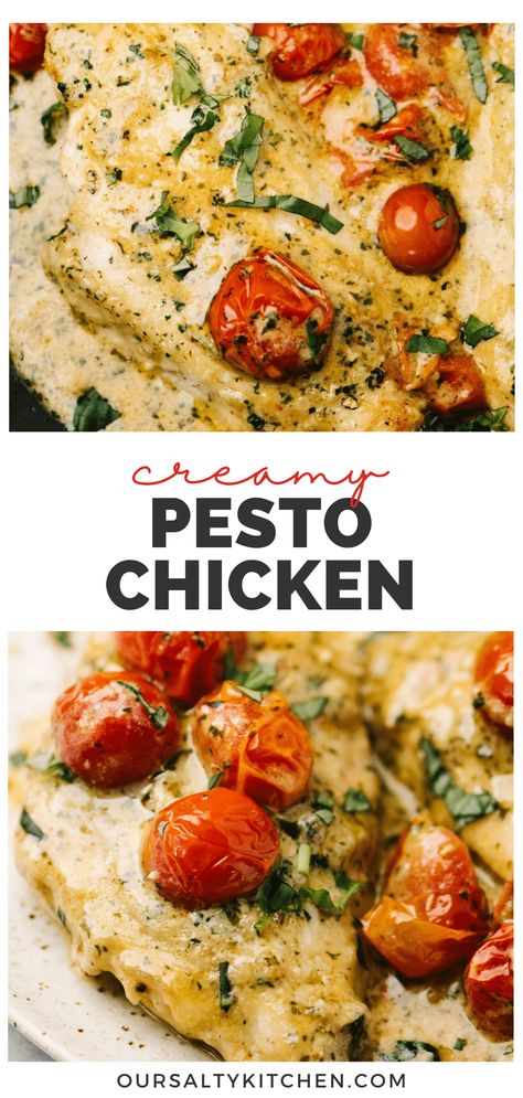 Creamy pesto chicken is a family favorite, and a great way to transform boring chicken breasts into an easy family friendly meal bursting with flavor. This skillet pesto chicken recipe is an easy fix for dinner tonight, made in one skillet in under 45 minutes. Seasoned and seared chicken breasts simmer in a creamy pesto sauce with cherry tomatoes. Use jarred pesto for convenience! Serve with pasta for a classic comfort food, or pair with just about any side for a healthier take. #pesto #chicken Garlic Pesto Sauce, Sauce With Cherry Tomatoes, Pesto Chicken Recipe, Pesto Cream Sauce, Pesto Chicken Breast, Boneless Skinless Chicken Breast Recipes, Creamy Pesto Chicken, Chicken With Tomatoes, Skinless Chicken Breast Recipes