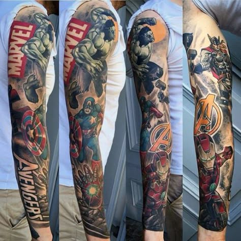 Marvel Sleeve Tattoo, Marvel Tattoos For Men, Marvel Sleeve, Marvel Tattoo Sleeve, Tattoo Advice, Black Sleeve Tattoo, Avengers Tattoo, Full Sleeves Design, Comic Design