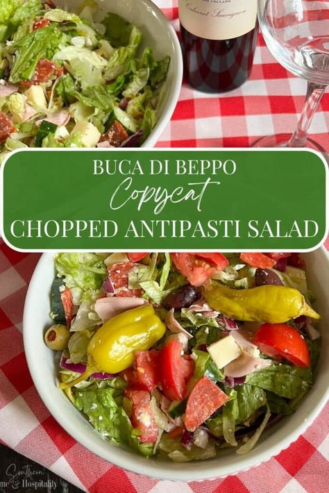 Need an easy-to-make salad bursting with flavors? Make this Italian restaurant famous favorite filled with cured meat, three cheeses, olives, cucumbers, peppers, and more! Bucca Di Beppo Antipasto Salad, Buca Di Beppo Antipasto Salad, Antipasto Salad Recipe, Antipasto Salad, Pork Salad, Vinaigrette Salad, Italian Meats, Savory Salads, Tossed Salad