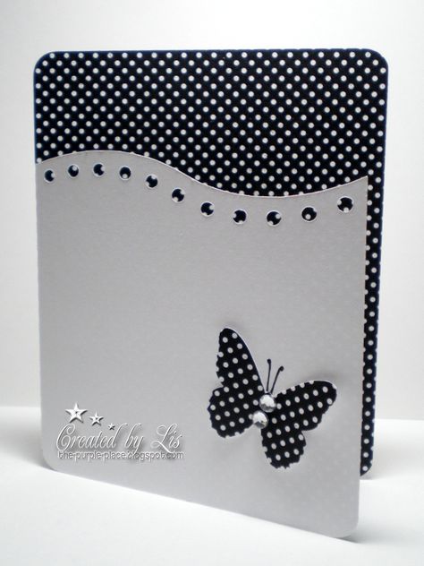 Lovely CAS card by the talented Lisa at ThePurplePlace: Busy, busy, busy.... Black And White Cards, White Cards, Butterfly Cards, Card Layout, Paper Crafts Cards, Creative Cards, A Butterfly, Sympathy Cards, White Card