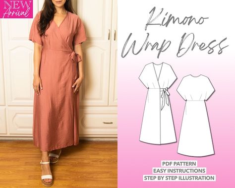 Kimono Sleeve Wrap Maxi Dress pdf sewing pattern with easy instructions and step by step illustrations. Sewing Pattern Kimono, Diy Wrap Dress, Wrap Dress Sewing Pattern, Pattern Wrap Dress, Style Dress Patterns, Maxi Dress Pattern Sewing, Wrap Dress Sewing Patterns, Dress Pdf Pattern, Kimono Sleeve Dress