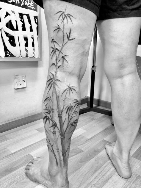 Bamboo tattoo done by Jon Koon at Artistic studio hair and tattoo Singapore Bamboo Leg Tattoo, Bamboo Plant Tattoo, Bamboo Tattoo Sleeve, Mens Botanical Tattoo, Bamboo Tree Tattoo, Hanna Tattoo, Arm Wrap Tattoo, Ocean Sleeve, Roots Tattoo