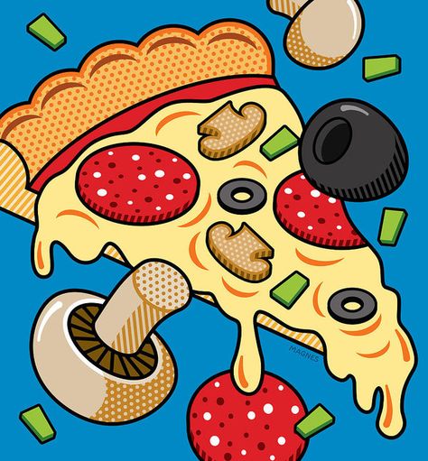 Pizza On Blue by Ron Magnes Ron Magnes, Pop Art Party, Pizza Cartoon, Pizza Drawing, Blue Digital Art, Pop Art Food, Pizza Art, Breakfast Pizza, Art Food