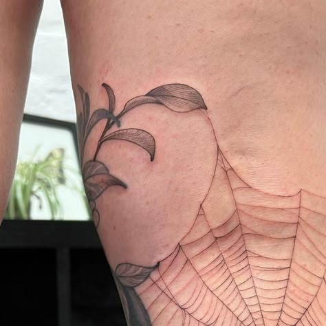 Spiderweb Elbow Ditch Tattoo, Spiderweb Tattoo Sleeve Filler, Simple Spiderweb Tattoo, White Ink Spider Web Tattoo, Knee Cobweb Tattoo, Spiderweb Leg Tattoo, Fine Line Spider Web Tattoo, Spiderweb Filler Tattoo, Delicate Spider Web Tattoo