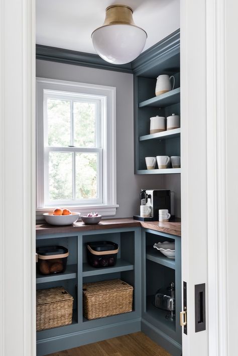 Colonial Revival Interior, Walnut Countertop, House Tweaking, Beach Style Kitchen, Blue Shelves, Small Pantry, Open Cabinets, New England Homes, Blue Cabinets