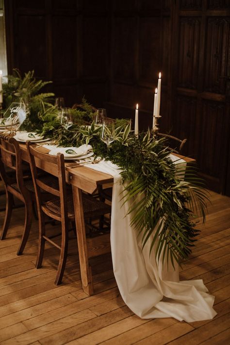 Wedding Table Runner Idea Fern Palms Rubie Love Photography #wedding #tablerunner Foliage Table Runner, Fern Table Runner, Floral Runner Wedding, Fern Wedding Decor, Wedding Table Runner Ideas, Fern Garland, Foliage Wedding Decor, Candle Tablescapes, Wedding Table Garland