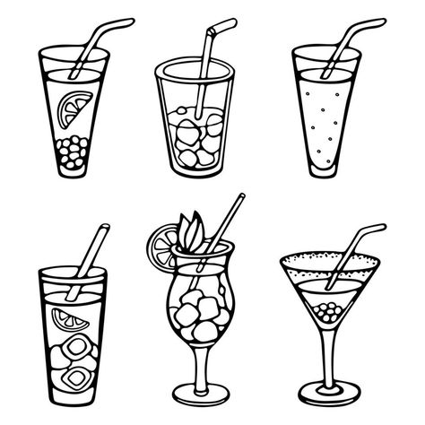 Cocktail Outline Drawing, Cocktail Doodle, Accessory Reference, Embroidery Journaling, Cocktails Drawing, Tropical Cocktails, Cocktail Illustration, Woodburning Projects, Outline Illustration