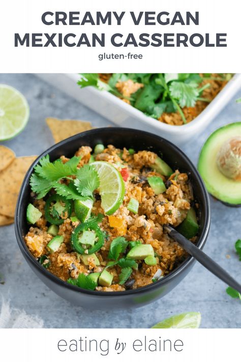 Fluffy quinoa, fresh veggies, cashew cream, and a crunchy tortilla chip topping make this Vegan Mexican Casserole a perfect recipe! You don’t even need to boil the quinoa ahead of time, so it’s super easy to make and filled with flavor. Black Beans Benefits, Vegan Mexican Quinoa, Casserole With Black Beans, Mexican Quinoa Casserole, Vegan Mexican Casserole, One Pan Mexican Quinoa, Vegan Stuffed Bell Peppers, Vegan Weeknight Meals, Vegan Casseroles