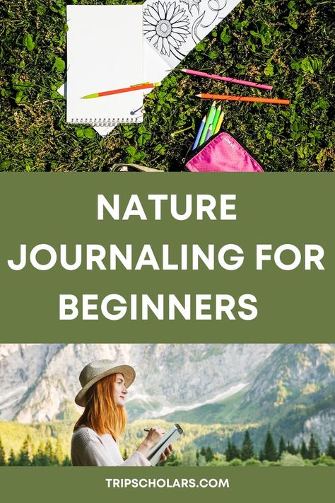 Top photo is of a blank notebook, colored page of flowers, and colored pencils on grass. Bottom photo is of a red haired woman with a white hat drawing in a nature journal in with mountains and a forest around her. Nature Journaling Ideas, Hiking Journal Ideas, Nature Journal Ideas, Journaling For Beginners, Nature Writing, Travel Language, Journal Nature, Literary Travel, Nature Journaling