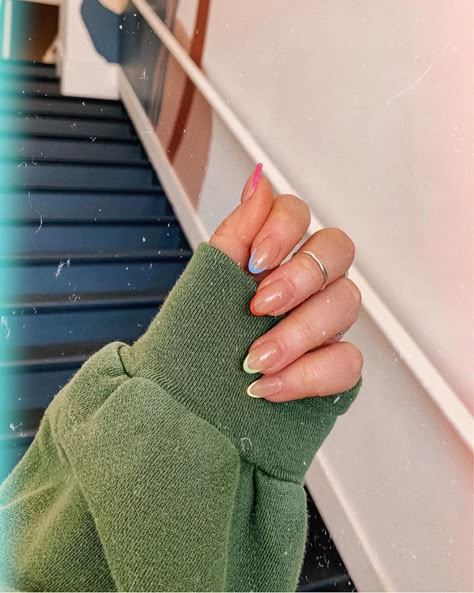 BRE SHEPPARD on Instagram: “This is what going for ‘nude’ nails turns into for me 😜 No self control with them haha always gotta add color 💚💗🧡 Seeing all the…” Coloured Tips, Bre Sheppard, Pointy Nails, Colorful Nails, Simple Acrylic Nails, Almond Acrylic Nails, Nails 2020, Minimalist Nails, Dream Nails