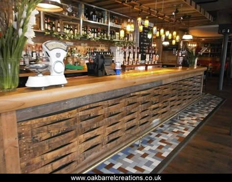 Bourbon Stave Wall, Barrel Stave Bar, Painted Barrel Staves, Barrel Bar Ideas, Barrel Staves Ideas, Staves Ideas, Distillery Tasting Room, Barrel Stave Wall, Diy Whiskey Barrel