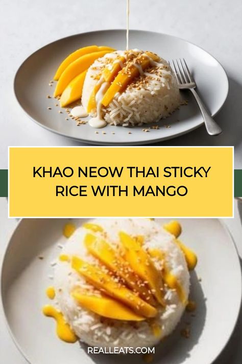 Thai sticky rice topped with fresh mango slices and drizzled with coconut sauce on a plate. Ube Mango Sticky Rice, Sticky Mango Rice Recipe, Sticky Rice Meals, Mango Sticky Rice Aesthetic, Sweet Sticky Rice Recipe, Sticky Rice And Mango, Tai Food, Thai Mango Sticky Rice, Sticky Rice With Mango