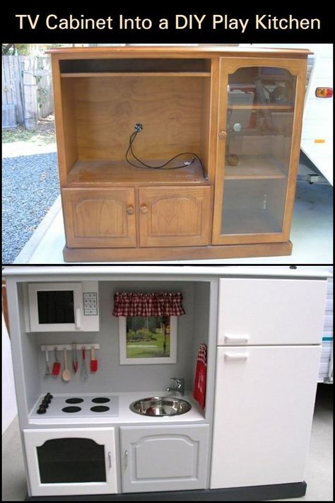 Give an old TV cabinet a new life by turning it into a DIY play kitchen! Kids Entertainment Center, Diy Tv Stand Ideas, Old Tv Stand, Old Tv Stands, Diy Kids Kitchen, Old Entertainment Centers, Diy Kids Furniture, Diy Entertainment, Play Kitchens