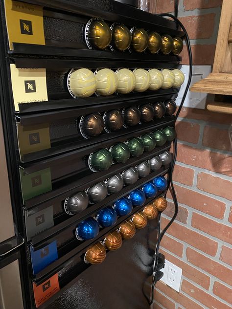 Nespresso Pod Storage Ideas, Nespresso Storage, Coffee Bar Organization, Nespresso Coffee Bar, Bar Organization, Nespresso Pod Holder, Tuscan Kitchens, Nespresso Pod, Coffee Setup