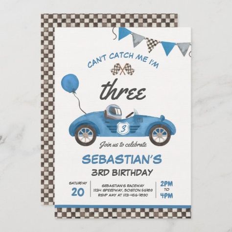 Can't Catch Me I'm Three Race Car 3rd Birthday for $3.08 - Birthday Invitations Car 3rd Birthday Party, Race Car 3rd Birthday, Boy 3rd Birthday, Racing Birthday Party, Blue Race Car, 3rd Birthday Invitation, Car Birthday Party, Race Car Birthday Party, Race Car Party