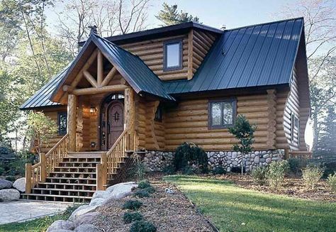 Black metal roof Log Home Flooring, Log Homes Exterior, Log Cabin Exterior, Black Metal Roof, Log Home Floor Plans, Dream Cabin, Log Home Decorating, Cabin Exterior, Cabin Floor Plans