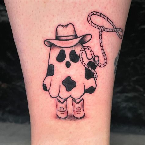 a spooky lil cowboy 🎃🤠 #tattoo #tattooartist #tattoos #Delafieldwi #wisconsinartist #localartist #wisconsin #milwaukee #milwaukeeartist #wisconsintattoo #wisconsintattooartist #waukeshatattoo #waukesha #waukeshatattooartist #hartlandwi #milwaukeetattoo #milwaukeetattooartist #milwaukeetattoos #colortattoos #colortattoo Excavator Tattoo, Dora Tattoo, Cow Print Tattoo, Boots From Dora, Cowboy Tattoo, Tattoo Hand, Color Tattoo, Local Artists, Cow Print