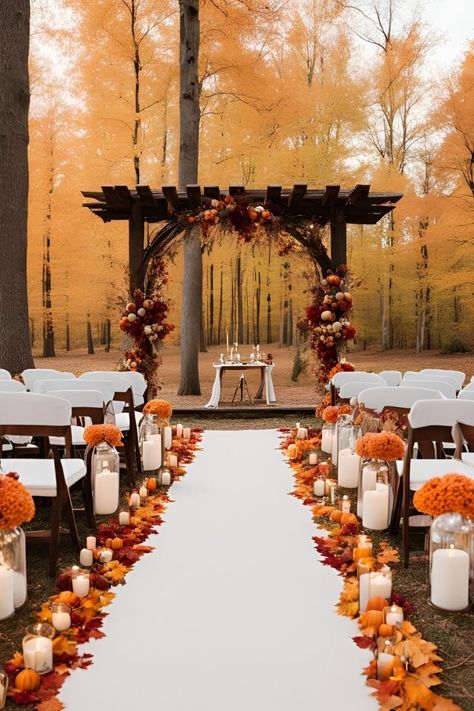 Outdoor Fall Wedding Altar, Fall Vowel Renewal Ideas, Outdoor Fall Wedding Ideas October Decor, Small October Wedding, November Wedding Ideas Decoration, Fall Wedding Vibes, Cheap Fall Wedding Ideas, Outside Fall Wedding, Fall Wedding Arbor