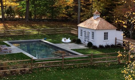 Williamsburg Pool House | Gardensheds Poolhouse Bathroom, Barn Pool House, Small Pool House, Bathroom Built Ins, Country Pool Landscaping, Country Pool, Pool House Cabana, Barn Pool, Pool House Shed